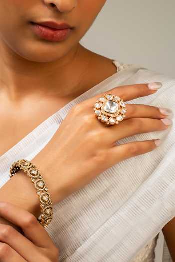 Buy_Zevar King_White Stones Antique Gold Plated Geometric Ring _at_Aza_Fashions