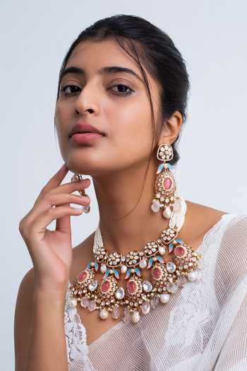 Buy_Zevar King_Multi Color Stones, Beads Floral Crest Choker Necklace Set _at_Aza_Fashions