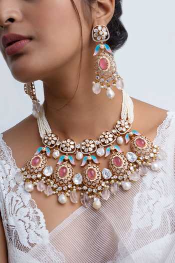 Zevar King_Multi Color Stones, Beads Floral Crest Choker Necklace Set _Online_at_Aza_Fashions