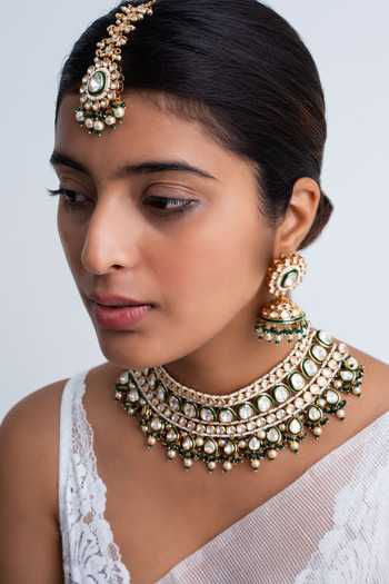 Zevar King_Green Pearls, Zari Kundan Polki Choker Necklace Set _Online_at_Aza_Fashions