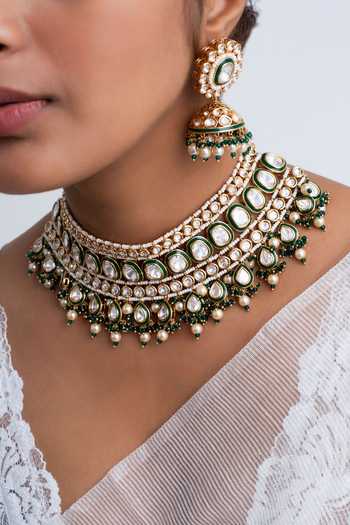 Buy_Zevar King_Green Pearls, Zari Kundan Polki Choker Necklace Set _Online_at_Aza_Fashions