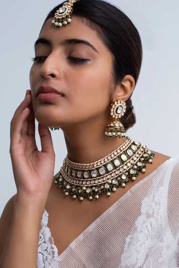 Shop_Zevar King_Green Pearls, Zari Kundan Polki Choker Necklace Set _at_Aza_Fashions