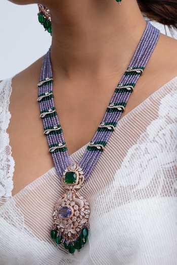 Shop_Zevar King_Multi Color Beads, Stones Rose Gold Pendant Necklace Set _at_Aza_Fashions