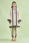 Buy_Naintara Bajaj_Beige Cotton Embroidery, Lace Mandarin Collar Floral Schiffli Kurta And Dhoti Set _Online_at_Aza_Fashions