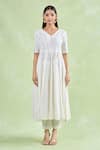 Buy_Samyukta Singhania_White Cotton, Muslin Gota Patti V-neck Lace Anarkali Pant Set _Online_at_Aza_Fashions