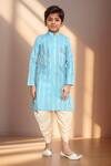 Buy_Petite Pomme_Blue Brocade, Silk Floral Stripe Woven Kurta Set_at_Aza_Fashions
