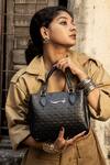 Shop_Gla_Black Embroidery Lotus Monogrammed Leather Handbag _at_Aza_Fashions