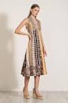Buy_RANNA GILL_Multi Color Linen Embroidery V-neck Multicolor Boca Print Midi Dress _Online_at_Aza_Fashions