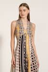 Shop_RANNA GILL_Multi Color Linen Embroidery V-neck Multicolor Boca Print Midi Dress _Online_at_Aza_Fashions