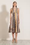 Buy_RANNA GILL_Multi Color Linen Embroidery V-neck Multicolor Boca Print Midi Dress _at_Aza_Fashions