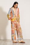 RANNA GILL Multi Color Linen Palm Beach Print Flared Pant at Aza Fashions RANNA GILL_Multi Color Linen Palm Beach Print Flared Pant_at_Aza_Fashions