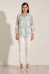 Ranna Gill_Blue Linen, Viscose Embroidery Collared Floral Shirt _Online_at_Aza_Fashions