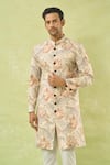 Buy_Arihant Rai Sinha_Cream Linen, Polyester, Viscose Floral Leaf Pattern Sherwani With Polo Pant _Online_at_Aza_Fashions