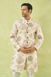 Buy_Arihant Rai Sinha_Cream Linen, Polyester, Viscose Embroidery Floral Woven Sherwani And Polo Pant Set _Online_at_Aza_Fashions