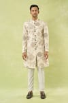 Shop_Arihant Rai Sinha_Cream Linen, Polyester, Viscose Embroidery Floral Woven Sherwani And Polo Pant Set _Online_at_Aza_Fashions