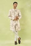 Buy_Arihant Rai Sinha_Cream Linen, Polyester, Viscose Embroidery Floral Woven Sherwani And Polo Pant Set _at_Aza_Fashions