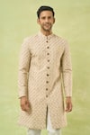 Buy_Arihant Rai Sinha_Cream Linen, Polyester, Viscose Embroidery Floral Woven Sherwani And Polo Pant Set _Online_at_Aza_Fashions