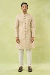 Shop_Arihant Rai Sinha_Cream Linen, Polyester, Viscose Embroidery Floral Woven Sherwani And Polo Pant Set _Online_at_Aza_Fashions