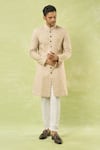 Buy_Arihant Rai Sinha_Cream Linen, Polyester, Viscose Embroidery Floral Woven Sherwani And Polo Pant Set _at_Aza_Fashions