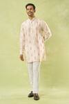 Spring Break_Pink Silk, Cotton Embroidery Leaf Kurta Set _at_Aza_Fashions