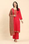 Mamicha_Red Cotton Embroidery Round Neck Placket Kurta Palazzo Set _Online_at_Aza_Fashions