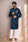 Buy_Arihant Rai Sinha_White Imported Velvet Embroidery Elephant Chariot Teal Green Sherwani And Pant _at_Aza_Fashions
