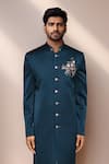 Arihant Rai Sinha_White Imported Velvet Embroidery Elephant Chariot Teal Green Sherwani And Pant _at_Aza_Fashions