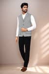 Buy_Arihant Rai Sinha_Black Cotton Satin Herringbone Pattern Sleeveless Jacket _at_Aza_Fashions