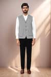 Arihant Rai Sinha_Black Cotton Satin Herringbone Pattern Sleeveless Jacket _Online_at_Aza_Fashions