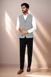 Arihant Rai Sinha_Black Cotton Satin Herringbone Pattern Sleeveless Jacket _at_Aza_Fashions