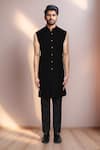 Buy_Arihant Rai Sinha_Blue Jacquard, Rayon Checkered Woven Bandhgala Set _Online_at_Aza_Fashions