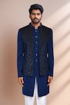 Shop_Arihant Rai Sinha_Blue Jacquard, Terrycloth, Silk Geometric Woven Bundi And Kurta Set 