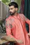 Soniya G_Pink Handloom Cotton, Silk Embroidery Mughal Garden Kurta Set _at_Aza_Fashions