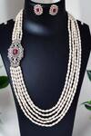 The House of Aqua_White Pearls, Diamonds Red Necklace Set _Online_at_Aza_Fashions