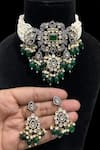 The House of Aqua_Green Diamonds, Embroidery Emerald And Embellished Necklace Set _Online_at_Aza_Fashions