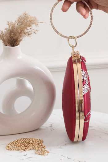 Shop_Boxwish By Bhumika_Maroon Cut Work Floral Cutdana Clutch _Online_at_Aza_Fashions