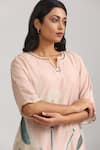 Shop_Trendy tokari_Peach Silk Chanderi Printed Floral Notched Embroidered Kurta And Pant Set _Online_at_Aza_Fashions
