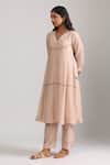Trendy tokari_Peach Silk Chanderi Printed Floral V Neck Sequin Embroidered Kurta Set _at_Aza_Fashions