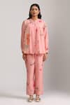 Trendy tokari_Pink Silk Chanderi Printed Vertical Lace Embellished Peplum Top And Pant Set _Online_at_Aza_Fashions