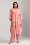 Buy_Trendy tokari_Pink Silk Chanderi Printed Floral V Neck Embroidered A-line Kurta Set _at_Aza_Fashions
