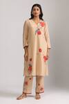 Buy_Trendy tokari_Beige Silk Chanderi Printed Pomegranate V Neck Kurta Set _at_Aza_Fashions