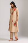 Buy_Trendy tokari_Beige Silk Chanderi Printed Pomegranate V Neck Kurta Set _Online_at_Aza_Fashions
