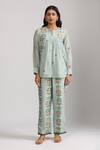 Trendy tokari_Blue Silk Chanderi Printed Florette Round Top And Pant Set _Online_at_Aza_Fashions
