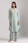 Trendy tokari_Blue Silk Chanderi Printed Floral Notched Kurta Set _Online_at_Aza_Fashions