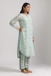 Trendy tokari_Blue Silk Chanderi Printed Floral Notched Kurta Set _at_Aza_Fashions