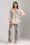Buy_Trendy tokari_Beige Cotton Silk Printed Geometric V Neck Wrap Top And Pant Set _at_Aza_Fashions