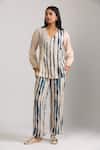 Trendy tokari_Beige Cotton Silk Printed Geometric V Neck Wrap Top And Pant Set _at_Aza_Fashions