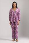 Shop_Trendy tokari_Purple Cotton Silk Printed Checkered V Neck Wrap Top And Pant Set _Online_at_Aza_Fashions