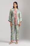 Buy_Trendy tokari_Green Cotton Silk Printed Floral Mandarin Collar Embroidered Top And Pant Set _at_Aza_Fashions