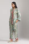 Trendy tokari_Green Cotton Silk Printed Floral Mandarin Collar Embroidered Top And Pant Set _Online_at_Aza_Fashions